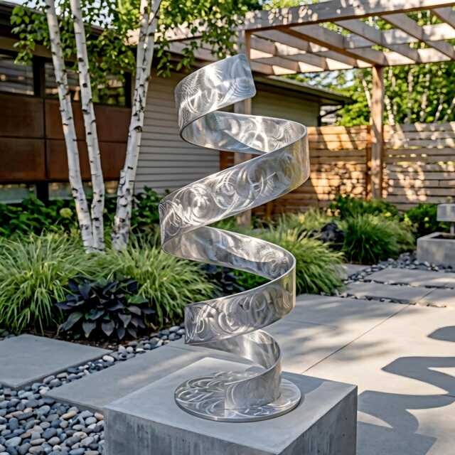 Silver Metal Art Sculpture Handcrafted Luxury Modern Twist, Indoor Or Outdoor - image 1