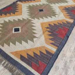 Handwoven Wool Jute Flatweave Rug With Geometric Diamond Motifs - thumbnail 2