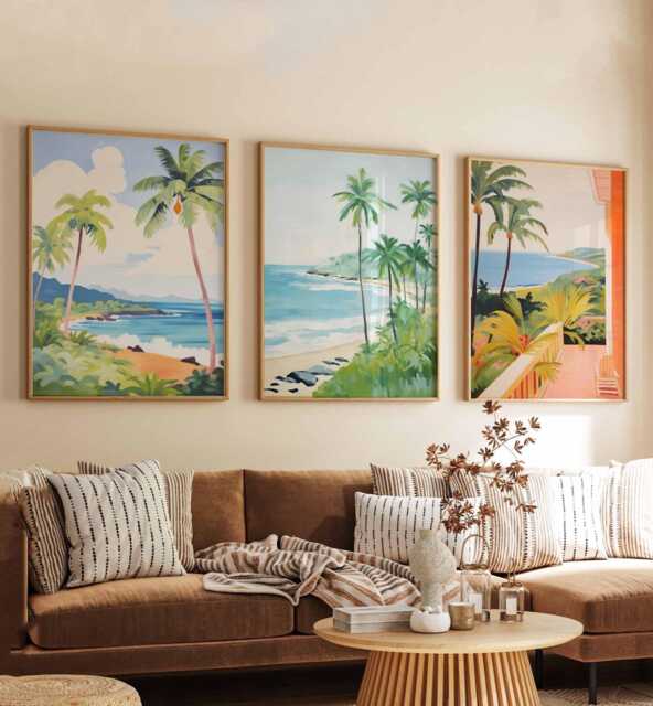 Set Of 3 Hawaii Posters, Usa Tropical Island Prints Set, Beach Ocean Palm Tree Wall Art, Hawaiian Decor Prints, Vacation Gift