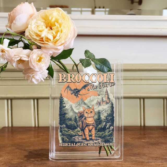Broccoli The Fierce Book Vase, Fantasy Cat Flower Quest Squad Lover Gift, Dragon Adventure Acrylic Vase For Readers - image 1