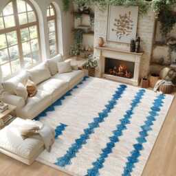 Authentic Blue & White Moroccan Rug, Shag Berber Rug, Large Area Rug - thumbnail 2