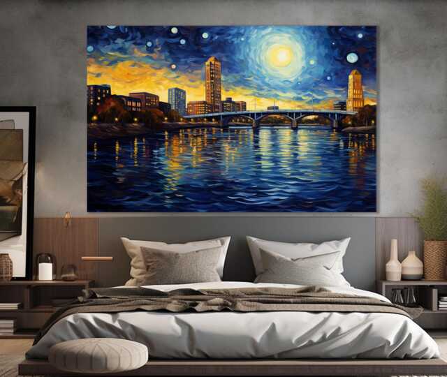 Abstract Jacksonville Canvas Print in Van Gogh Starry Night Style, Skyline, Wall Art, Florida Art - image 1