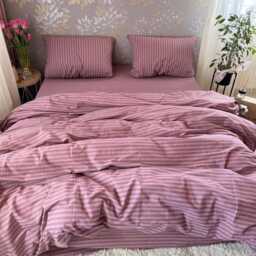 striped Cotton Bedding - Powder Pink Set Duvet Cover, Pillowcases, Flat Or Fitted Sheet Made To Order - thumbnail 3