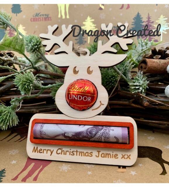 Personalised Reindeer Christmas Ornament Lindor Chocolate & Money Holder, Cash Envelope - image 1