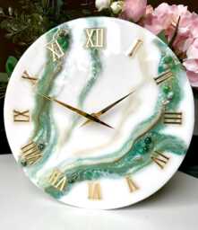 Emerald Lines Epoxy Resin Clock, Elegant Wall Clock, Green Aventurine & Agate Inlay - thumbnail 1