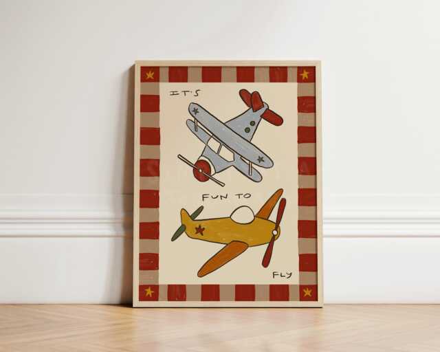 Planes Print, Vintage Flying Nursery Playful Toddler Bedroom Art, Illustration Wall Hand Drawn, Unframed - image 1