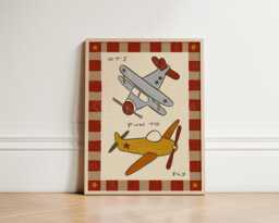 Planes Print, Vintage Flying Nursery Playful Toddler Bedroom Art, Illustration Wall Hand Drawn, Unframed - thumbnail 1