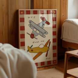Planes Print, Vintage Flying Nursery Playful Toddler Bedroom Art, Illustration Wall Hand Drawn, Unframed - thumbnail 2
