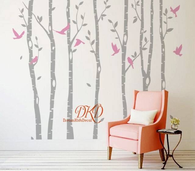 Birch Tree Vinyl Wall Decals, Flying Birds, Nursery Decor - image 1