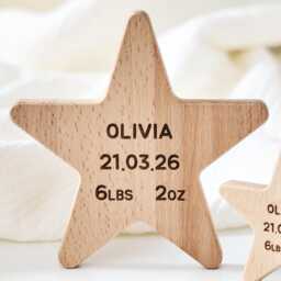 Personalized Wooden Star Baby Keepsake - Engraved Nursery Decoration, Christening Gift - thumbnail 3