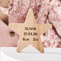 Personalized Wooden Star Baby Keepsake - Engraved Nursery Decoration, Christening Gift - thumbnail 1