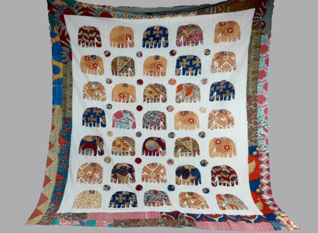 Indian Traditional Handmade Gujrati Embroidery Bedsheet Stylized Elephants, Handmade Bed Sheet Handcrafted Unique Ethnic Look Applique Design - image 1