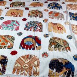Indian Traditional Handmade Gujrati Embroidery Bedsheet Stylized Elephants, Handmade Bed Sheet Handcrafted Unique Ethnic Look Applique Design - thumbnail 3
