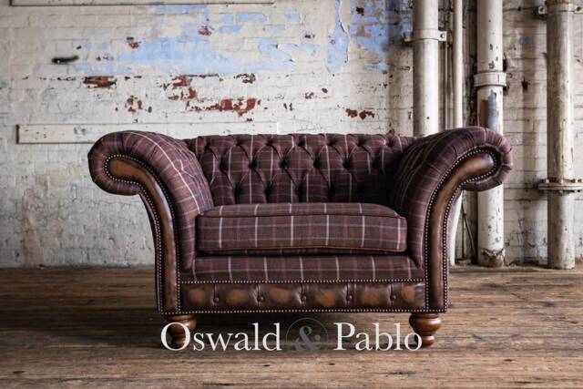 1.5 Seater Brown Tweed Wool Chesterfield Snuggle Chair Sofa, Leather Details - British Handmade - image 1