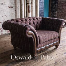 1.5 Seater Brown Tweed Wool Chesterfield Snuggle Chair Sofa, Leather Details - British Handmade - thumbnail 2