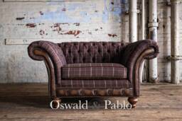 1.5 Seater Brown Tweed Wool Chesterfield Snuggle Chair Sofa, Leather Details - British Handmade - thumbnail 1
