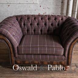 1.5 Seater Brown Tweed Wool Chesterfield Snuggle Chair Sofa, Leather Details - British Handmade - thumbnail 3