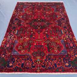 Red Heriz Rug 5x7.7 Ft, Navy Blue Medallion Tribal Rug, Hand Knotted Wool Small Area Geometric Serapi Style Boho Floor Decor - thumbnail 2