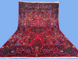 Red Heriz Rug 5x7.7 Ft, Navy Blue Medallion Tribal Rug, Hand Knotted Wool Small Area Geometric Serapi Style Boho Floor Decor - thumbnail 1