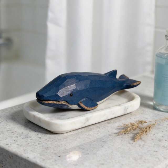 Rustic Blue Wooden Whale Carving - Coastal Home Decor Handcrafted Nautical Nursery Art Ocean Lover Gift Marine Animal Figurine - image 1