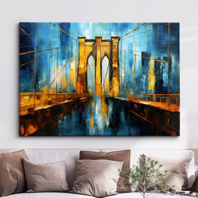 New York City Brooklyn Bridge View Landmark Oil Painting Style Wall Art, Framed Calming Canvas Poster Print Home/Office Room Decor Gifts - image 1