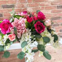 Hanging Flower Basket - Pink Roses, White Florals, Eucalyptus Porch Decor - thumbnail 2