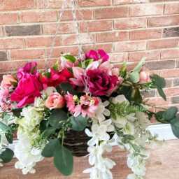Hanging Flower Basket - Pink Roses, White Florals, Eucalyptus Porch Decor - thumbnail 4