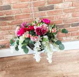 Hanging Flower Basket - Pink Roses, White Florals, Eucalyptus Porch Decor - thumbnail 1