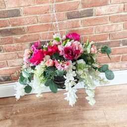 Hanging Flower Basket - Pink Roses, White Florals, Eucalyptus Porch Decor - thumbnail 3