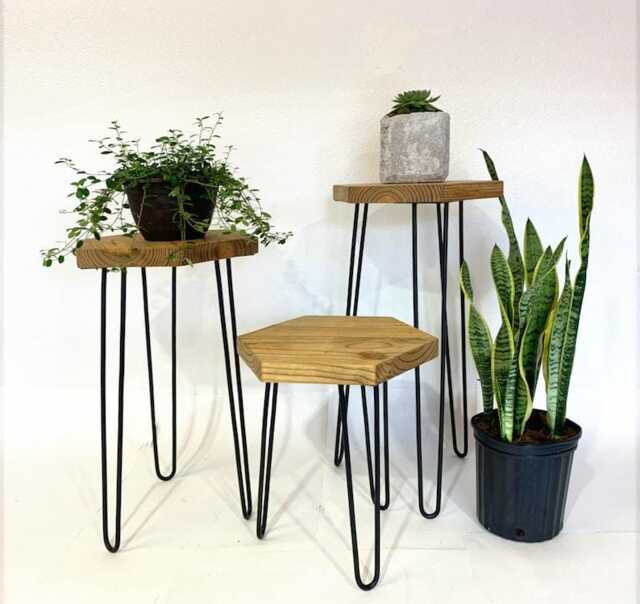Handmade Reclaimed Wood Side Table Hexagon Hairpin Leg Plant Stand - image 1