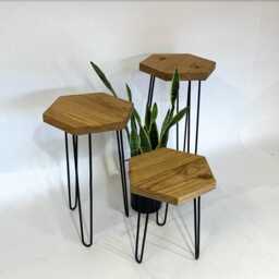 Handmade Reclaimed Wood Side Table Hexagon Hairpin Leg Plant Stand - thumbnail 2