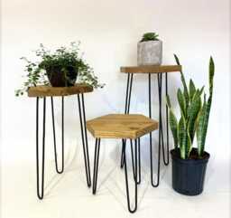 Handmade Reclaimed Wood Side Table Hexagon Hairpin Leg Plant Stand - thumbnail 1