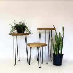 Handmade Reclaimed Wood Side Table Hexagon Hairpin Leg Plant Stand - thumbnail 4