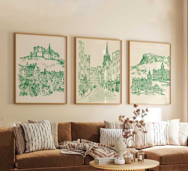 Set Of 3 Edinburgh Posters, Scottish City Wall Art, Travel Print Set, Modern Architecture Artwork, Urban Home Decor, UK Landscape Style - image 1