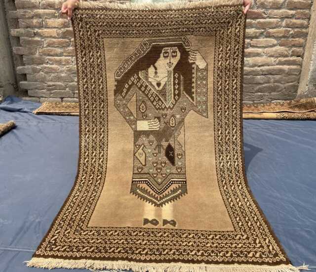 Handmade Pictorial Rug 3x5, Afghan Woman Portrait Rug, Baluch Figure Wall Art, Natural Dye Wool Tapestry, Neutral Brown Accent Quirky Tribal - image 1