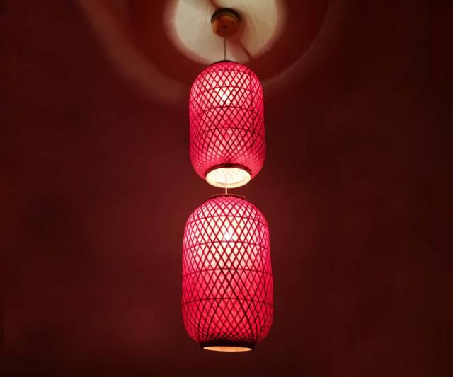Red Bamboo Shade Pendant Light Two-Bulb Socket - image 1
