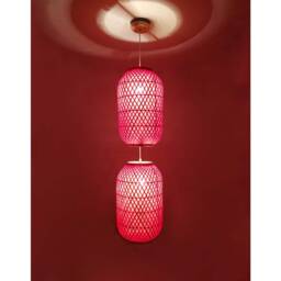 Red Bamboo Shade Pendant Light Two-Bulb Socket - thumbnail 2