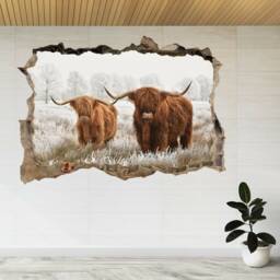 Scottish Highlanders Cow Winter 3D Window View Wall Sticker Poster Decal A66 - thumbnail 1