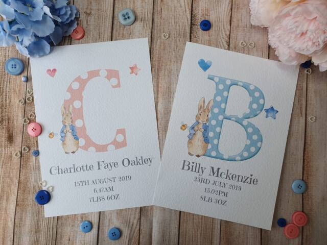 Personalised Peter Rabbit Print For New Baby Girl/Boy. Newborn Gift. Nursery Prints. Pink Or Blue. Baby Gift - image 1