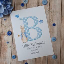 Personalised Peter Rabbit Print For New Baby Girl/Boy. Newborn Gift. Nursery Prints. Pink Or Blue. Baby Gift - thumbnail 3
