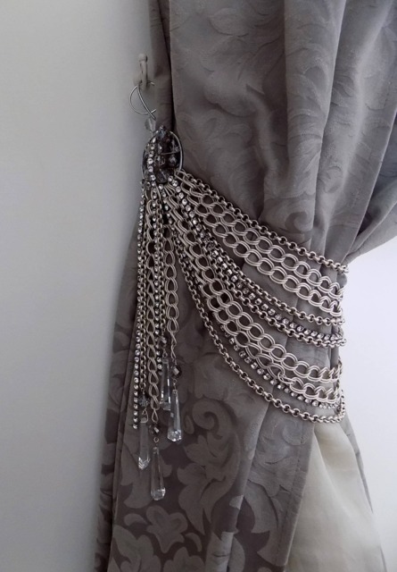 Set Of 2 Luxury Silver & Swarovski Drops Curtain Holders, Chains Bohemian Crystals Decorative Holders - image 1