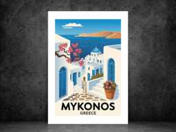 Mykonos Travel Poster - Vintage Wall Print Seaside Holiday Destination- Destination Art A5 A4 A3 Framed Or Unframed - thumbnail 1
