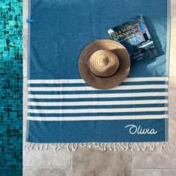 Personalised Blue Beach Towel, Cotton Anniversary Gift, 2nd Anniversary Gift, Wedding Gift Personalised - thumbnail 1