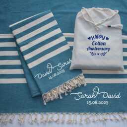 Personalised Blue Beach Towel, Cotton Anniversary Gift, 2nd Anniversary Gift, Wedding Gift Personalised - thumbnail 2