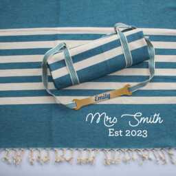 Personalised Blue Beach Towel, Cotton Anniversary Gift, 2nd Anniversary Gift, Wedding Gift Personalised - thumbnail 3