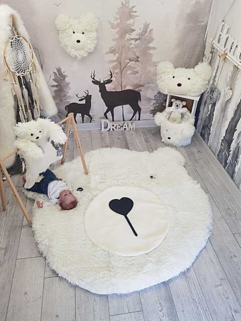 White Bear Nursery Rug - Round Fluffy Play Mat For Baby Room, Personalized Woodland Decor