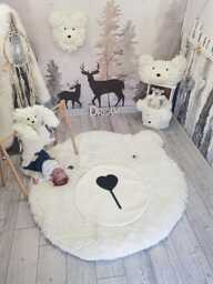 White Bear Nursery Rug - Round Fluffy Play Mat For Baby Room, Personalized Woodland Decor - thumbnail 1