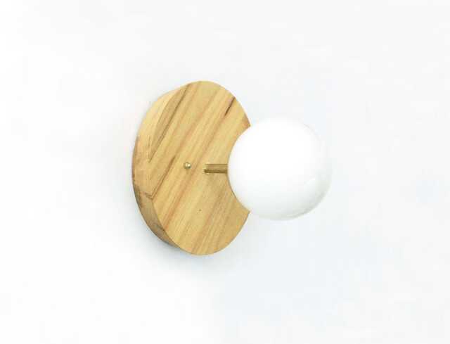 Ash Wood & Opal Glass Globe Sconce Wooden Flush Mount Wall Light Fixture Foyer Lighting Bathroom Kitchen - image 1