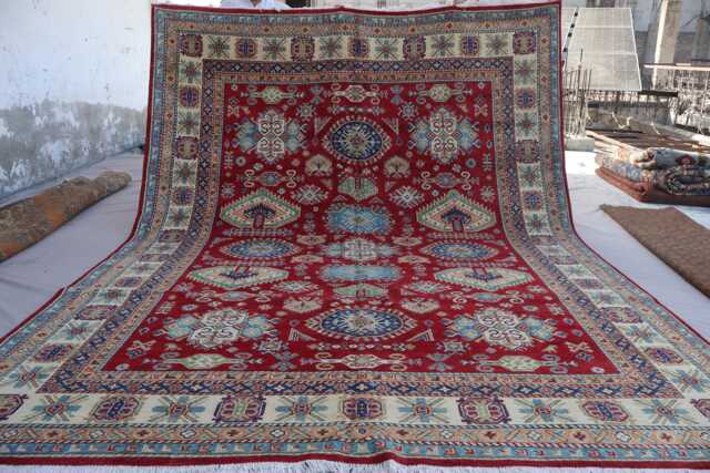 Red 9x12 Kazak Area Rug, Afghan Hand Knotted Veg Dyes Wool Geometric Rugs For Living Room, Bedroom Dining Table Rug, Oriental Rug - image 1
