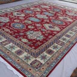 Red 9x12 Kazak Area Rug, Afghan Hand Knotted Veg Dyes Wool Geometric Rugs For Living Room, Bedroom Dining Table Rug, Oriental Rug - thumbnail 2